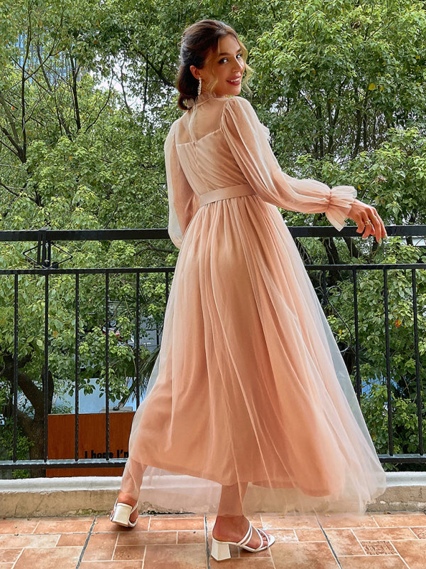 Women's Gauze Round Neck Puff Sleeve Dress