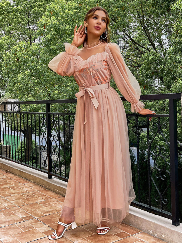 Women's Gauze Round Neck Puff Sleeve Dress
