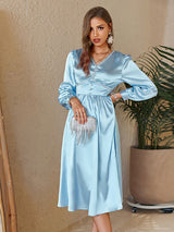 v-neck lantern sleeves high waist loose slim all-match dress