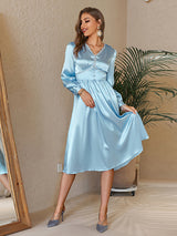 v-neck lantern sleeves high waist loose slim all-match dress