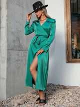 v-neck long-sleeve high-waisted lace-up resort dress