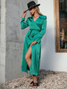 v-neck long-sleeve high-waisted lace-up resort dress