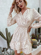 Long Sleeve V Neck Polka Dot Waist Thin Casual Ruffle Dress
