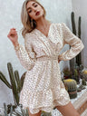 Long Sleeve V Neck Polka Dot Waist Thin Casual Ruffle Dress