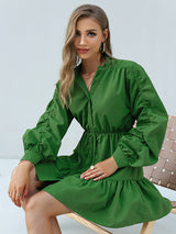 Lantern sleeve pleated fashion elegant high waist solid color dress