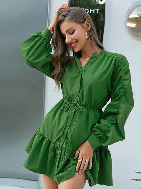 Lantern sleeve pleated fashion elegant high waist solid color dress