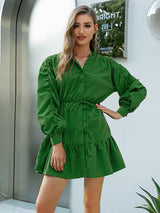 Lantern sleeve pleated fashion elegant high waist solid color dress