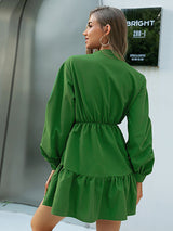 Lantern sleeve pleated fashion elegant high waist solid color dress
