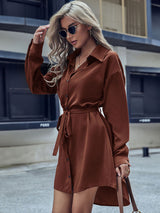Womens Silky Button Down Mini Dress With Waist Tie
