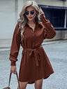 Womens Silky Button Down Mini Dress With Waist Tie