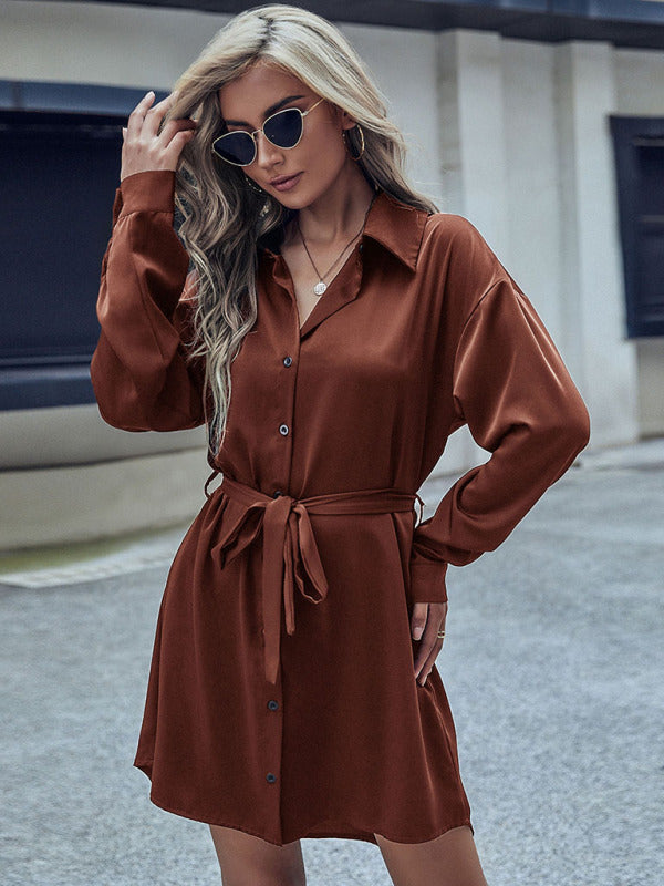 Womens Silky Button Down Mini Dress With Waist Tie