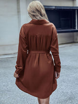 Womens Silky Button Down Mini Dress With Waist Tie