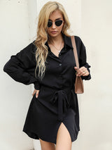 Womens Silky Button Down Mini Dress With Waist Tie