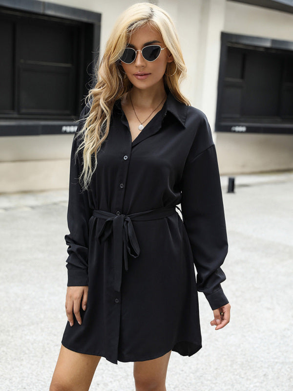 Womens Silky Button Down Mini Dress With Waist Tie