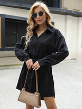 Womens Silky Button Down Mini Dress With Waist Tie