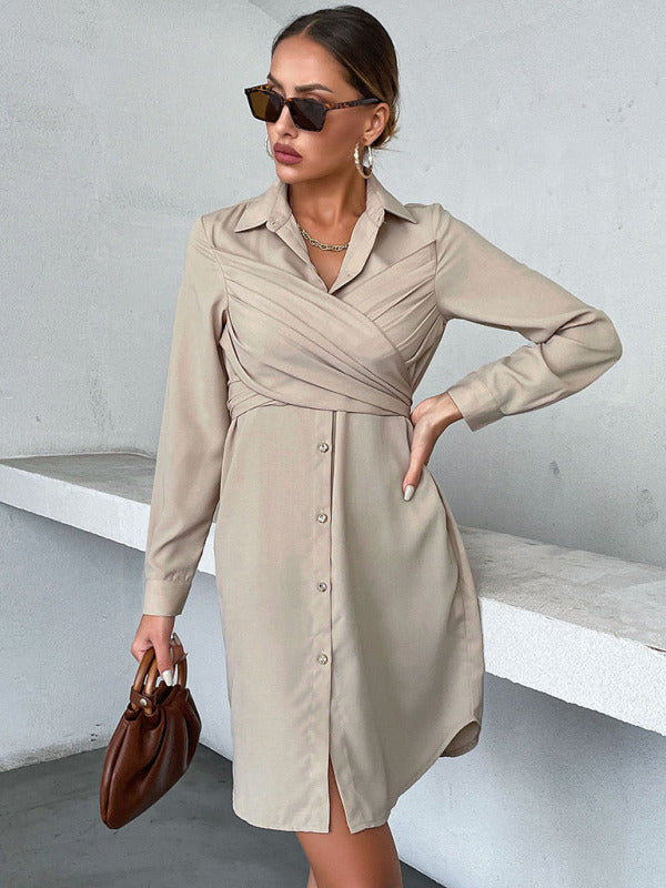 Women’s Elegant Button Down Long Sleeve Dress With Wrap Tie Top