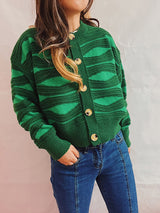 Women's Funky Striped Textured Button Up Cardigan With Ribbed Hem