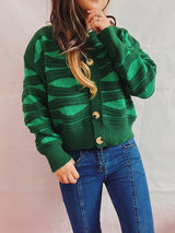 Women's Funky Striped Textured Button Up Cardigan With Ribbed Hem