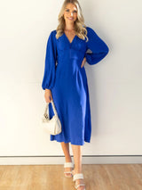 Women’s Dramatic V Neck Maxi Dress With Long Straight Skirt And Loose Puff Sleeves