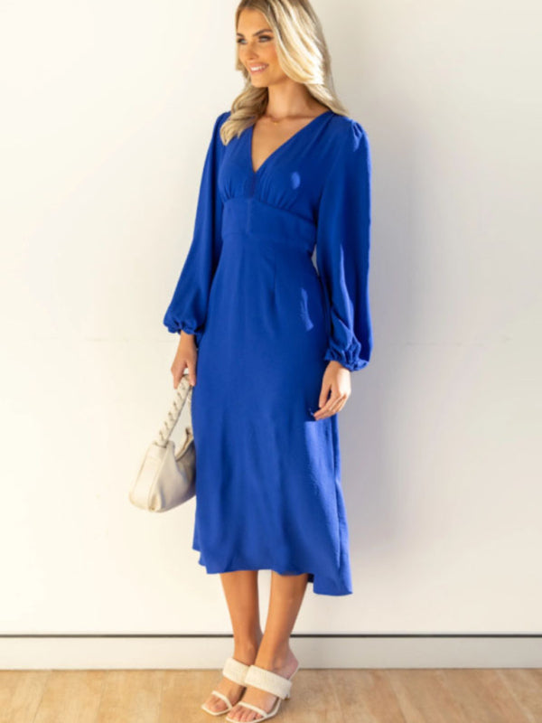 Women’s Dramatic V Neck Maxi Dress With Long Straight Skirt And Loose Puff Sleeves