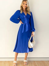 Women’s Dramatic V Neck Maxi Dress With Long Straight Skirt And Loose Puff Sleeves