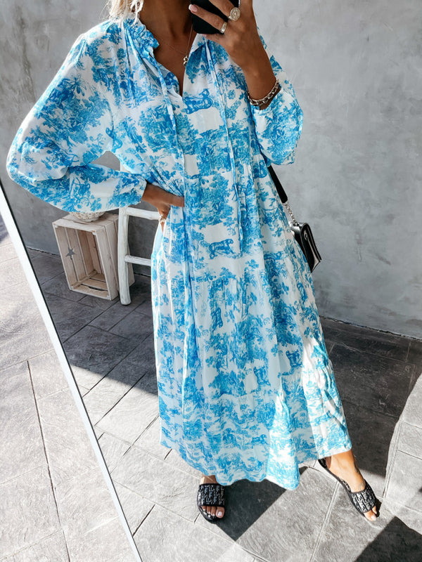Women’s Printed Long Sleeve Ruffled Maxi Dress