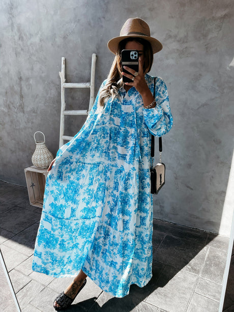 Women’s Printed Long Sleeve Ruffled Maxi Dress