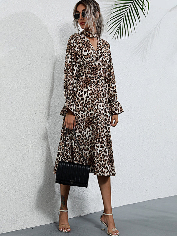Women’s Mock Neck Leopard Print Long Sleeve Bell Dress