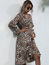 Women’s Mock Neck Leopard Print Long Sleeve Bell Dress