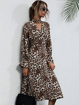Women’s Mock Neck Leopard Print Long Sleeve Bell Dress