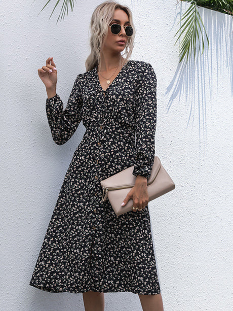 Women’s Wrap Vneck Button Down Dainty Floral High Cut Maxi Dress With Long Sleeves