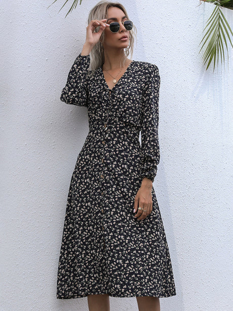 Women’s Wrap Vneck Button Down Dainty Floral High Cut Maxi Dress With Long Sleeves