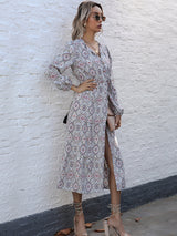 Women’s Bohemian Style Diamond Print Maxi Dress With Cinched Waist And Wide Leg Slit