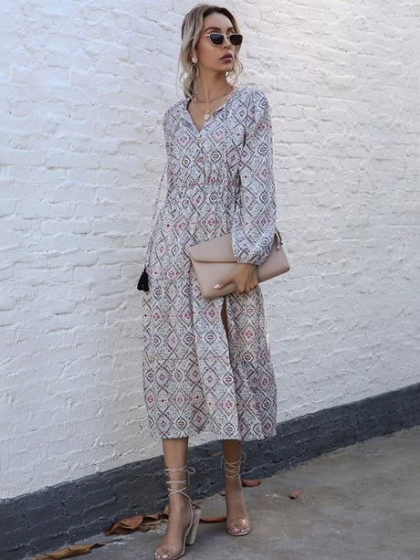 Women’s Bohemian Style Diamond Print Maxi Dress With Cinched Waist And Wide Leg Slit