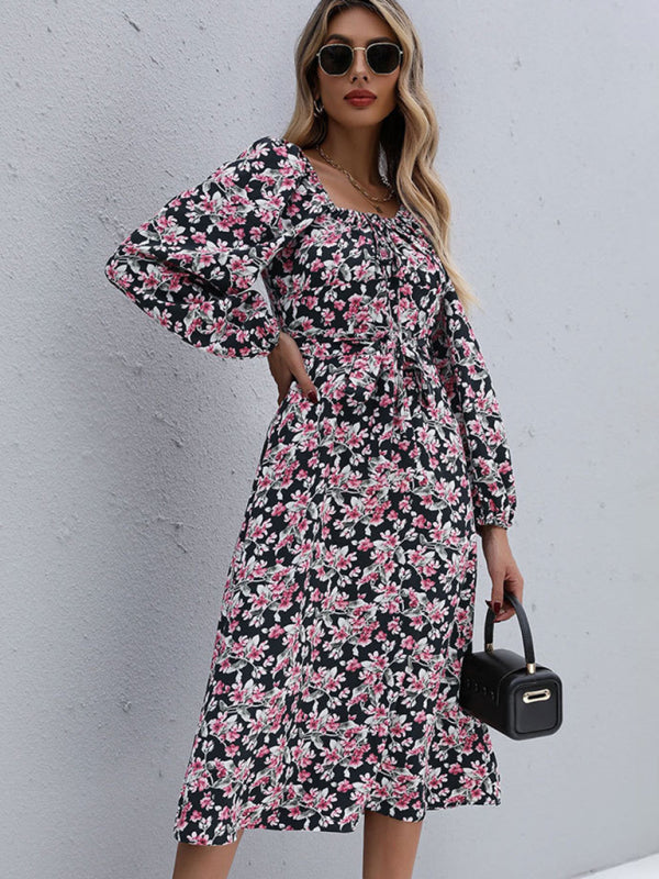 Women’s Charming Floral Maxi  Sundress With Square Neckline And Cinched Front Necktie