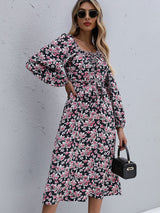 Women’s Charming Floral Maxi  Sundress With Square Neckline And Cinched Front Necktie