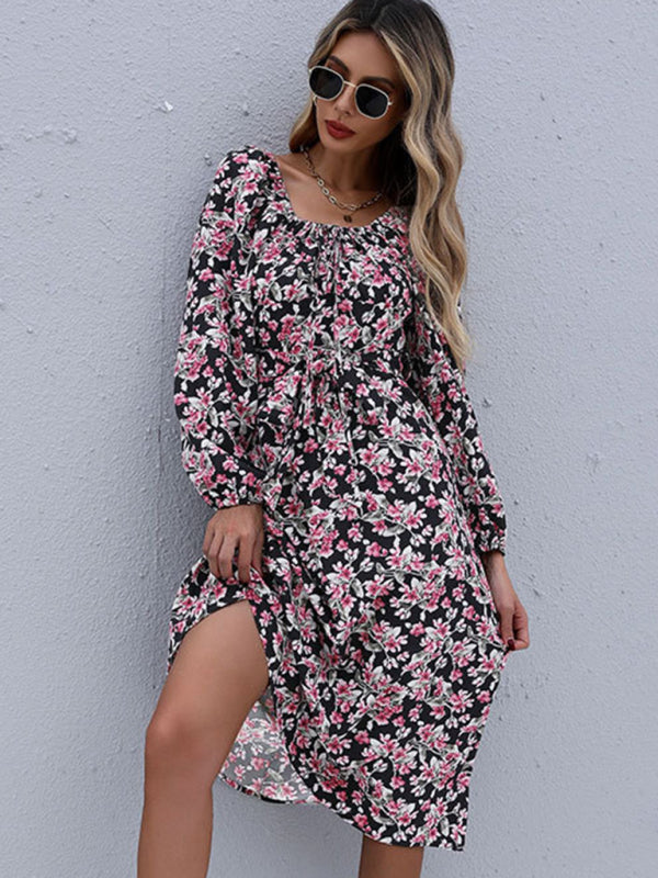 Women’s Charming Floral Maxi  Sundress With Square Neckline And Cinched Front Necktie