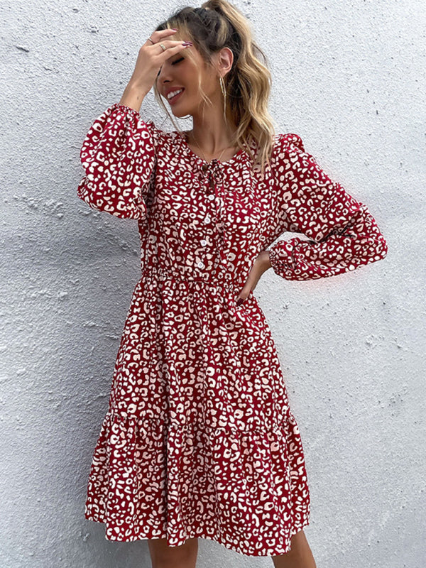 Women’s Cheetah Print Casual Off The Shoulder Babydoll Dress With Long Sleeves