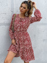 Women’s Cheetah Print Casual Off The Shoulder Babydoll Dress With Long Sleeves