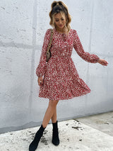 Women’s Cheetah Print Casual Off The Shoulder Babydoll Dress With Long Sleeves