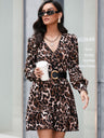 Women’s Leopard Print Long Sleeve Front Button Faux Belted Mini Shirtdress