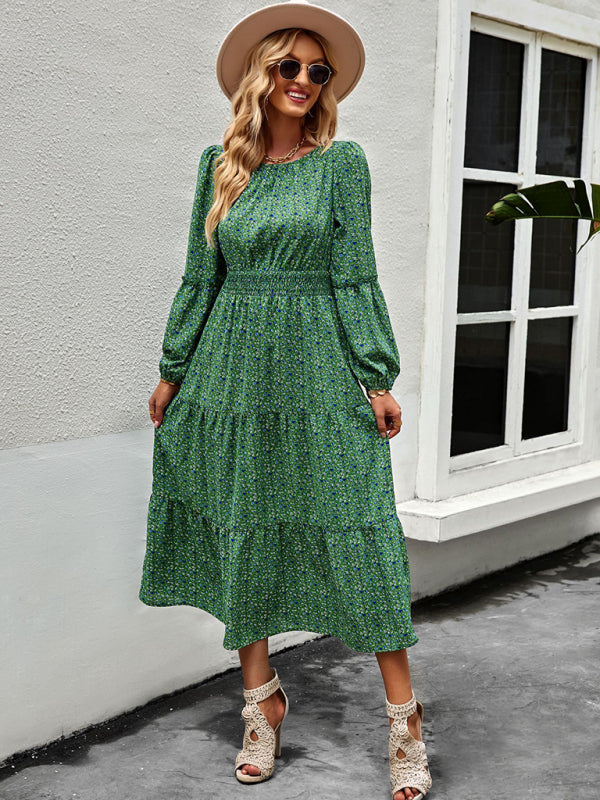 Women’s Printed Puff Overlay Long-sleeve Crew Neck Smocking Waistline Tiered Skirt Midi Dress