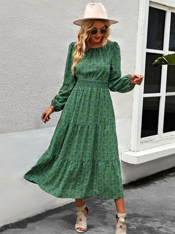 Women’s Printed Puff Overlay Long-sleeve Crew Neck Smocking Waistline Tiered Skirt Midi Dress