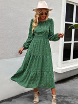 Women’s Printed Puff Overlay Long-sleeve Crew Neck Smocking Waistline Tiered Skirt Midi Dress
