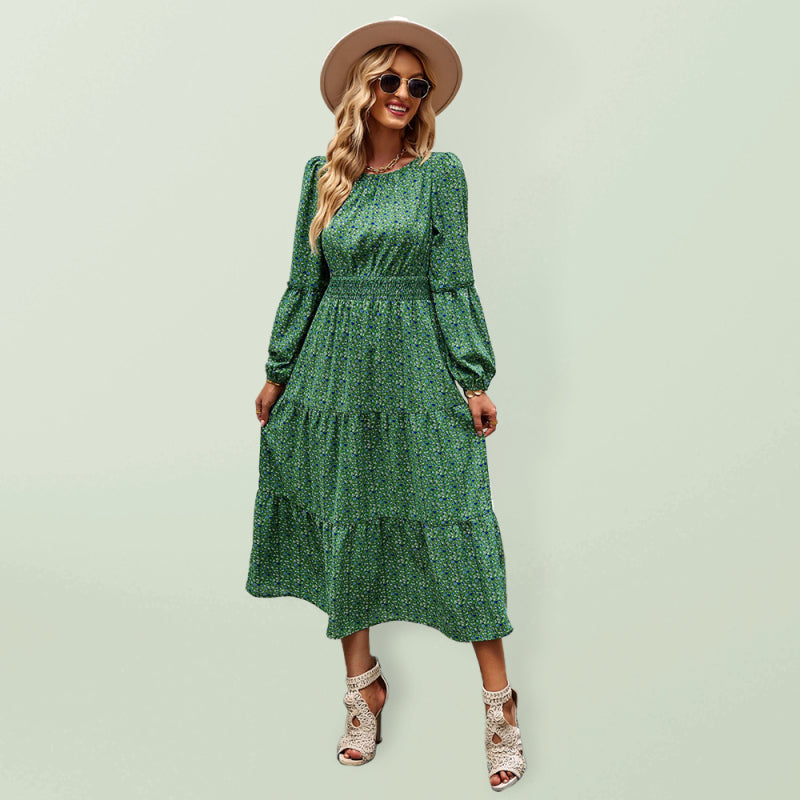 Women’s Printed Puff Overlay Long-sleeve Crew Neck Smocking Waistline Tiered Skirt Midi Dress