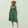 Women’s Printed Puff Overlay Long-sleeve Crew Neck Smocking Waistline Tiered Skirt Midi Dress