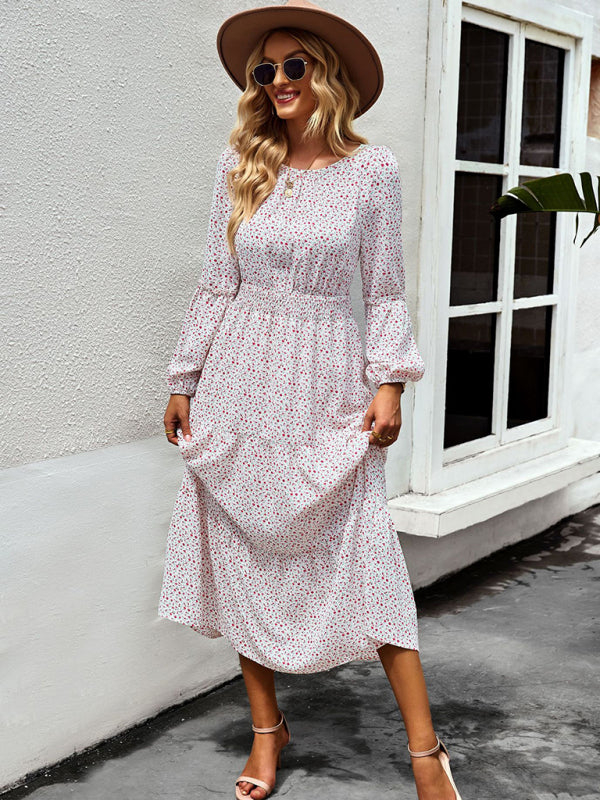 Women’s Printed Puff Overlay Long-sleeve Crew Neck Smocking Waistline Tiered Skirt Midi Dress