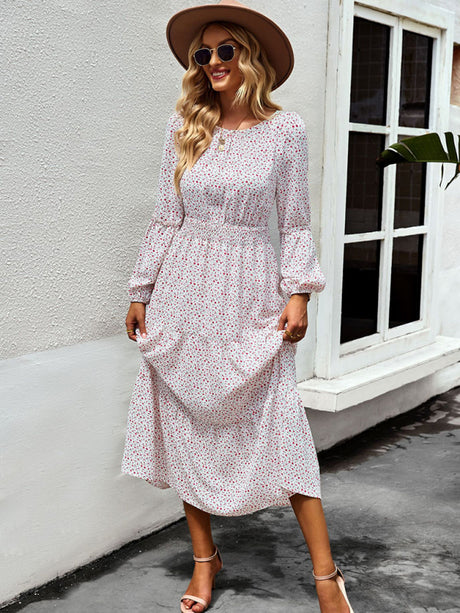 Women’s Printed Puff Overlay Long-sleeve Crew Neck Smocking Waistline Tiered Skirt Midi Dress