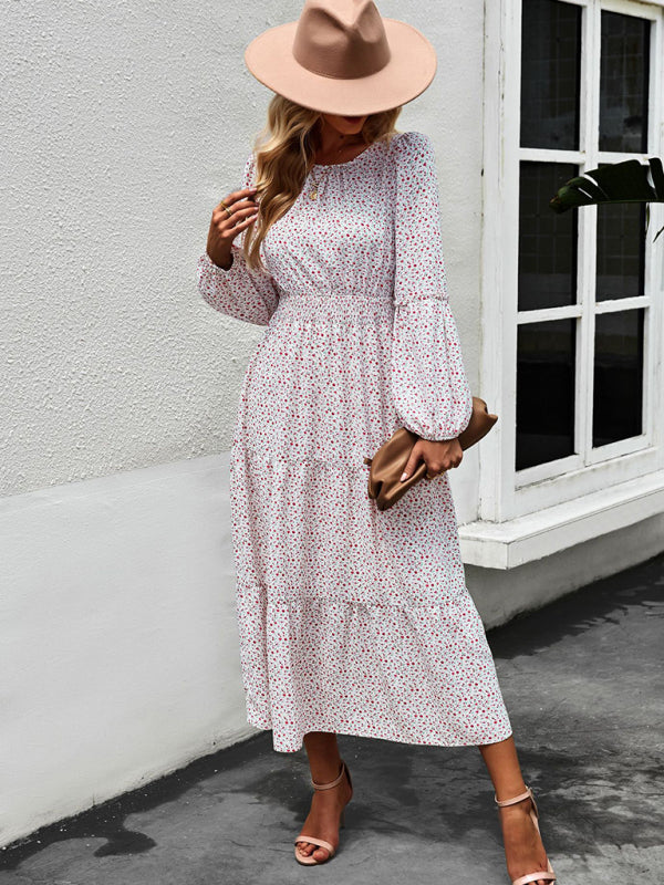 Women’s Printed Puff Overlay Long-sleeve Crew Neck Smocking Waistline Tiered Skirt Midi Dress