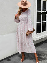 Women’s Printed Puff Overlay Long-sleeve Crew Neck Smocking Waistline Tiered Skirt Midi Dress